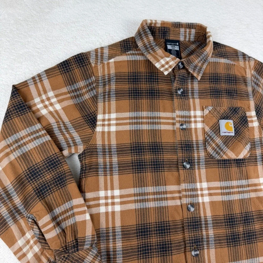 Carhartt Kids Brown Plaid Flannel Long Sleeve‎ Button Up Shirt Size S  (8-10)